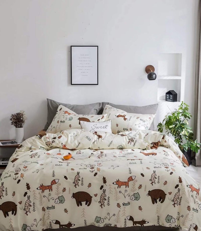 Houseri Beige Bear Comforter Set Twin Size 3 Pieces Toddler Girls Boys Woodland Theme Cartoon Bedding Sets Ultra Comfy Fox Rabbit Forest Animal Print Breathable Soft Bed Quilt Blanket Twin Kids Gift - Image 2